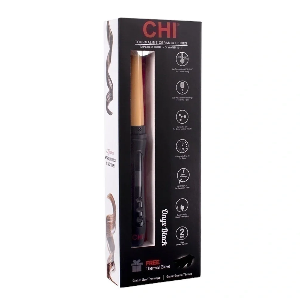Chi Tourmaline Ceramic Tapered Curling Wand – Onyx Black, New in Box w/ glove